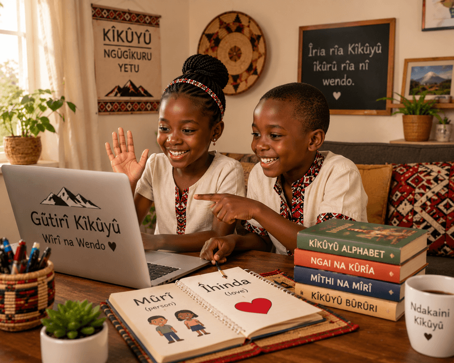Student attending an online Kikuyu lesson via video call