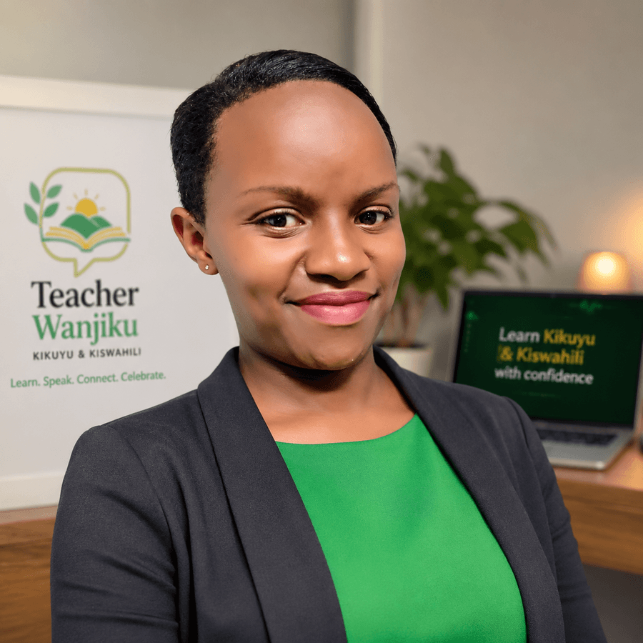Teacher Wanjiku, an experienced Kikuyu and Kiswahili language tutor, smiling